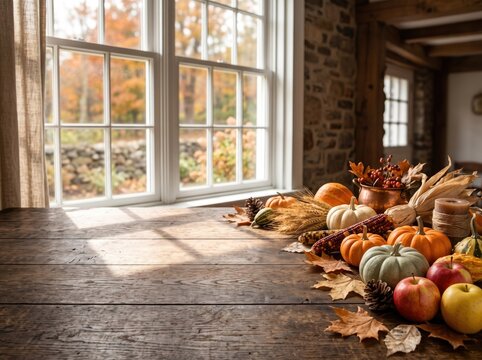 Rustic autumn tabletop decor with pumpkins and fall foliage by window, thanksgiving concept, copy space