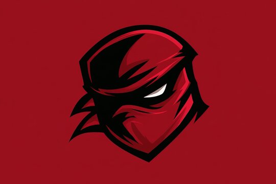 Minimalist red ninja head logo icon with black mask and intense eyes isolated on dark red solid background for branding.