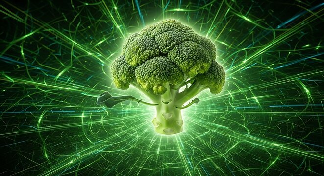 Whole fresh head of broccoli floating inside a green digital fiber optic data network environment