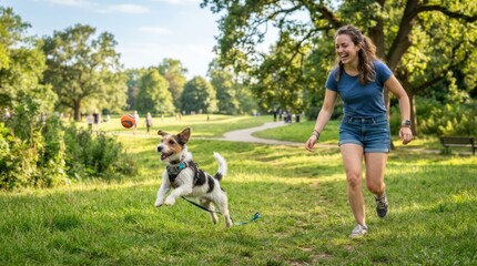 Fototapeta premium Happy Young Woman Playing Fetch with Energetic Small Dog Running Through Sunny Green Park
