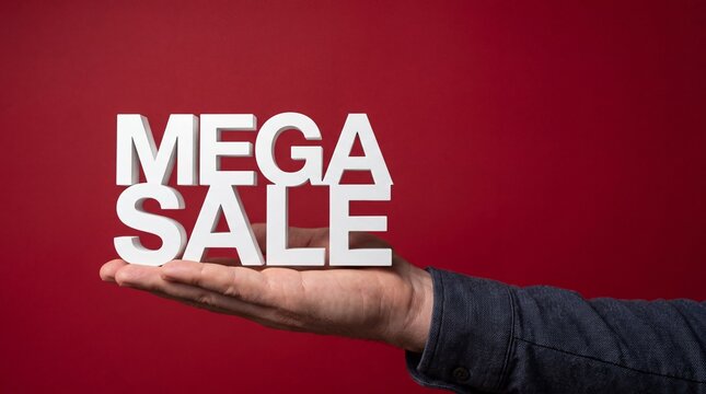 Frontal view of white 3D Mega Sale text block held by human hand beside wide copy space on solid dark red background featuring shopping mockup