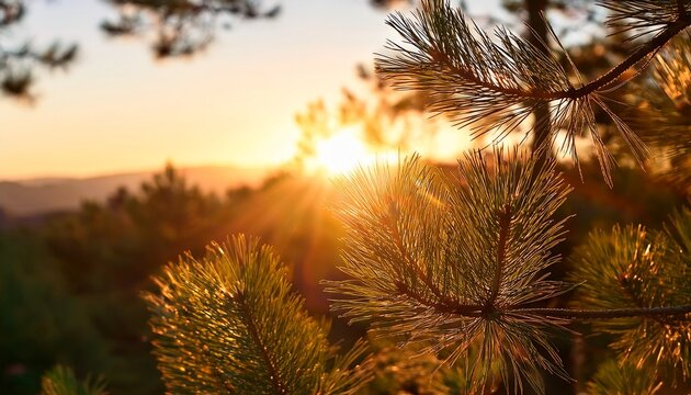 the evening sun breaks through the pine needles