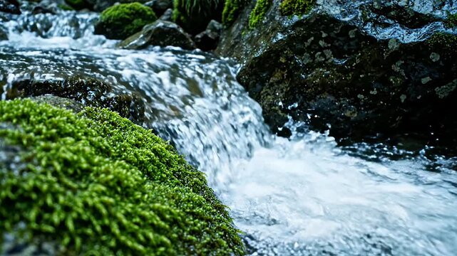 Stream flowing over green mossy rocks in forest