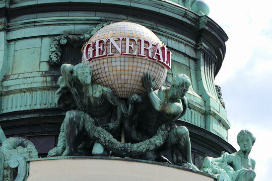 Generali Globe and Sculptures on Historic Building at Albertinaplatz in Vienna, Austria