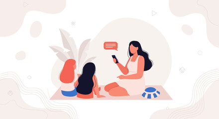 Obraz premium Family time: Mother showing smartphone to children, teaching digital literacy and connection in a cozy, modern illustration.