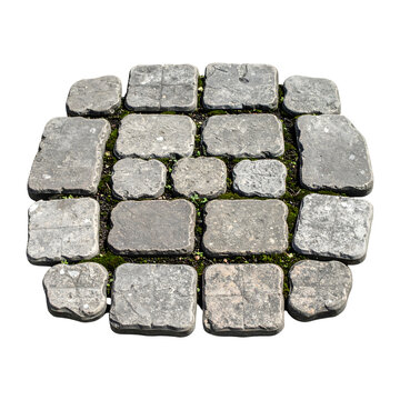 Cobblestone pavers arranged in a circular pattern featuring rough grey natural granite rocks with green moss growing in the joints&nbsp;