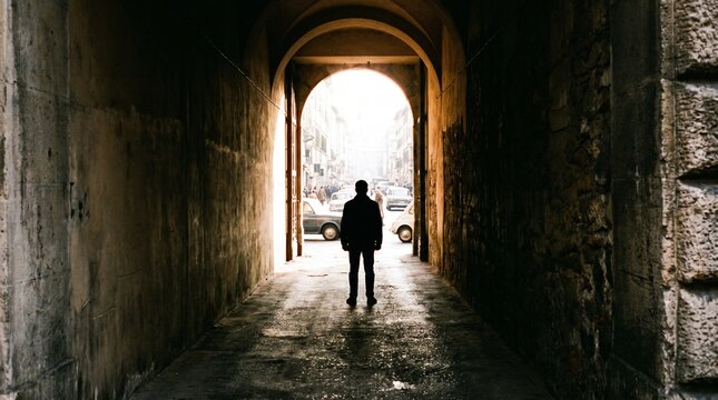 A lone figure stands in a dimly lit stone archway, looking out towards a bright, hazy urban street