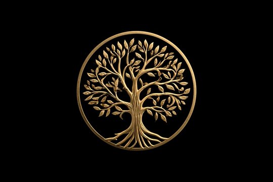 Golden tree of life illustration inside a circle symbol representing growth wisdom and connectivity isolated on black space.