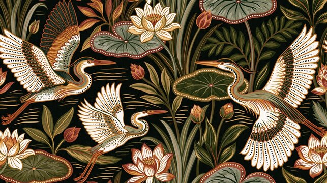 Elegant Malaysian batik pattern with flying herons and blooming lotus flowers