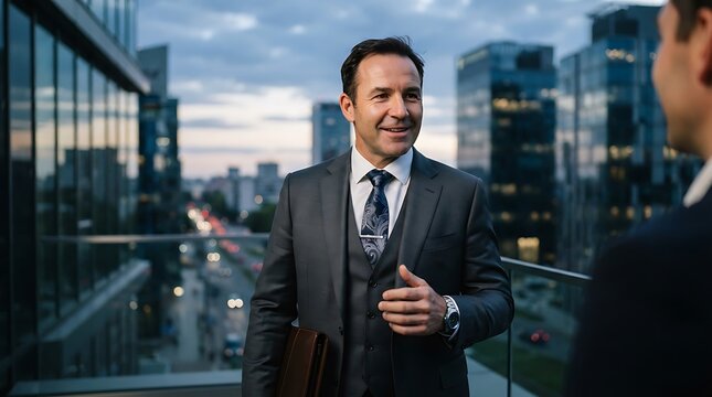 Confident businessman in a sophisticated suit engaging in a professional conversation with a colleague on a modern office building balcony overlooking the city at dusk