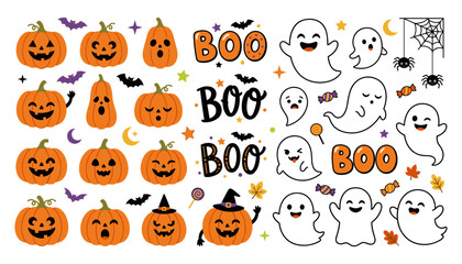 Fototapeta premium Cute Halloween clipart collection with jack o lantern pumpkins, friendly ghosts, bats, spiderwebs, stars and bold Boo typography for seasonal designs