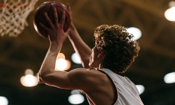 Curly-haired player in white jersey attempting to dunk basketball, surrounded by bright lights.