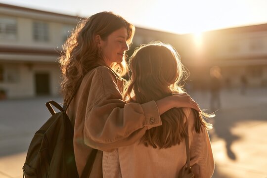 Two women embrace in warm sunlight, embracing each other warmly.