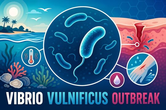 Vibrio vulnificus outbreak infographic vector illustration of marine bacterial infection and wound contamination