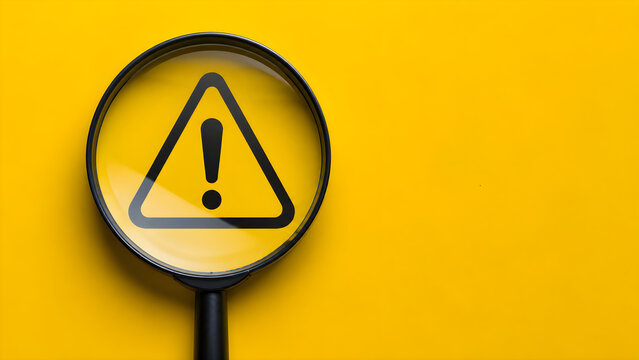 Magnifying glass with warning symbol on yellow background