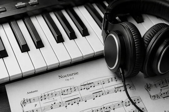 キーボードとヘッドホンの音楽制作デスク