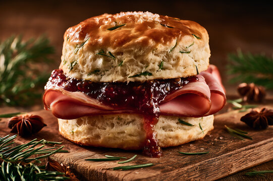 a flaky herb biscuit slider with glazed ham and dark fig jam