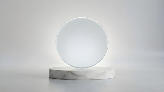 ender of 3D round marble podium with floating frosted glass display 