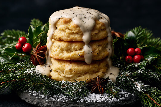 a gravy-draped biscuit stack nestled in pine branches and holly