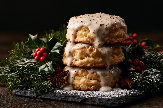 a gravy-draped biscuit stack nestled in pine branches and holly