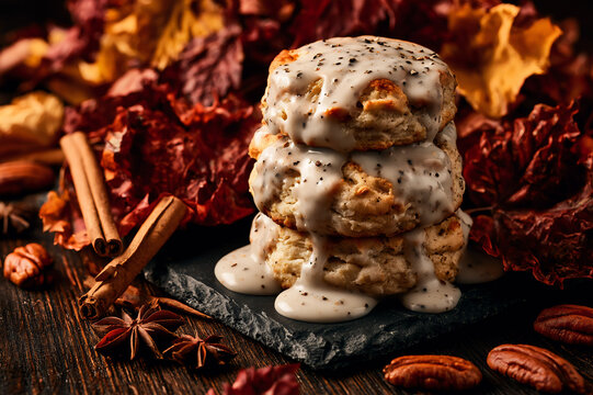 biscuit stack smothered in gravy nestled in vibrant fall leaves