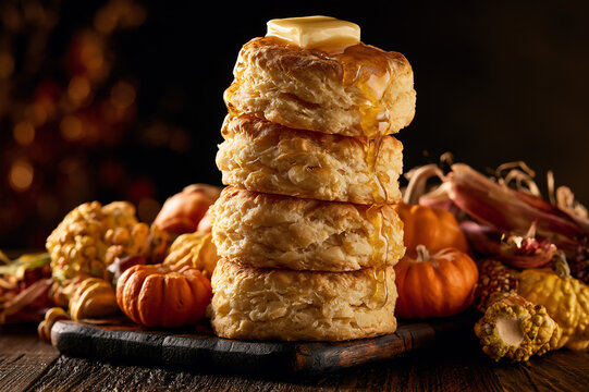 buttermilk biscuit stack surrounded by mini pumpkins and indian corn