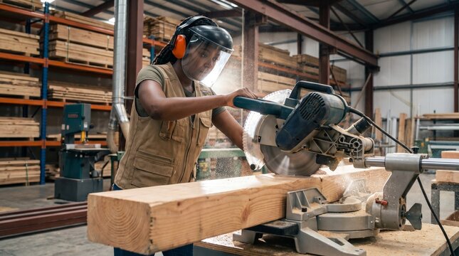 Black female carpenter using sliding miter saw, Woodworker cutting timber beam with power saw in studio, Professional safety equipment concept, Low angle view
