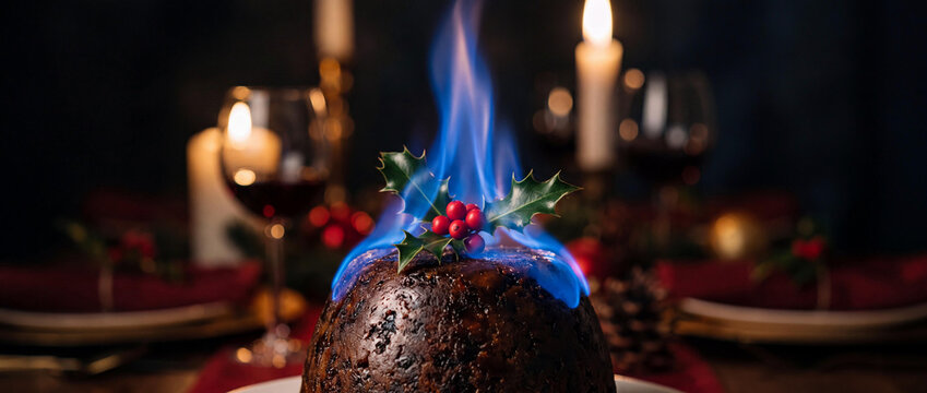 Traditional Christmas Pudding with Blue Flame and Holly Garnish on Festive Table