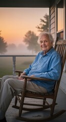 Fototapeta premium Elderly person in a quiet porch chair, morning mist, peaceful solitude