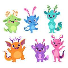 Obraz premium Cute fantasy space monsters and alien characters vector collection. Friendly cartoon creatures with horns, wings, tails, and floral antennas isolated on white background. Charming flat design for kids