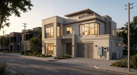 Fototapeta premium Modern two-story home exterior with smart energy system showcasing contemporary architecture and sustainable living