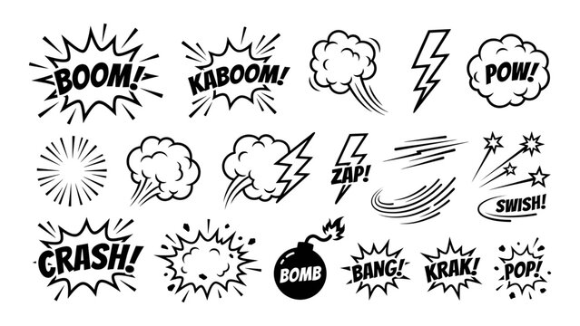 Comic Book Sound Effects Speech Bubbles Vector Set - Explosion Boom Pow Symbols