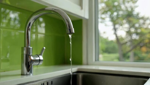 A modern kitchen sink faucet slowly dripping against a soft green blurred window view providing peaceful domestic ambiance with ample copy space