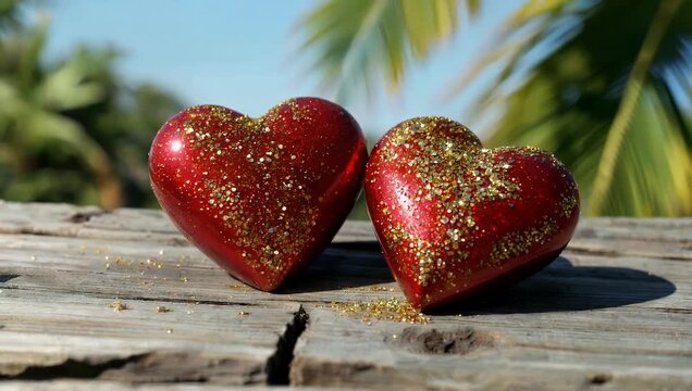Two sparkling red heart ornaments resting on weathered rustic wood framed by a soft tropical background suggesting love anniversary and holiday romance