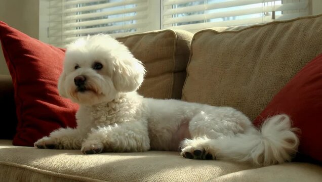 A small white Maltese dog resting peacefully on a sun-drenched sofa creating a warm comfortable and charming pet-friendly home environment