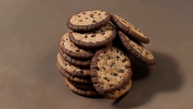 A tall stack of rich chocolate cookies rotating slowly against a warm brown backdrop showcasing crumb textures chocolate layers and bakery craftsmanship