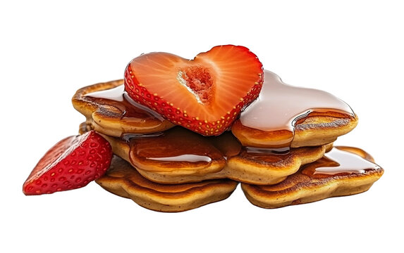 Flat vector illustration of a festive pancake stack with heart shapes and strawberries representing affection sweetness romance and joyful breakfast moments Isolated on transparent background PNG