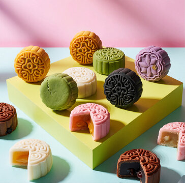 Colorful Assorted Mooncakes with Modern Pastel Food Styling