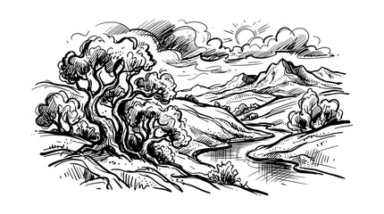 Obraz premium Professional Black and White Sketch of Dramatic Tree with Mountainous Landscape and Cloudy Sky Minimalist Artwork