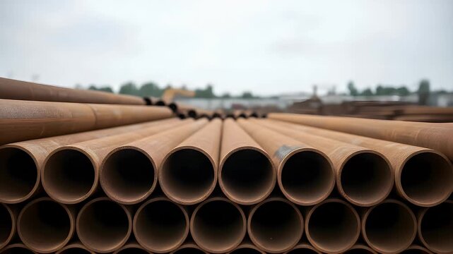 A large stack of industrial steel pipes stored outside in a storage yard awaiting transport for heavy construction projects at a site during the day