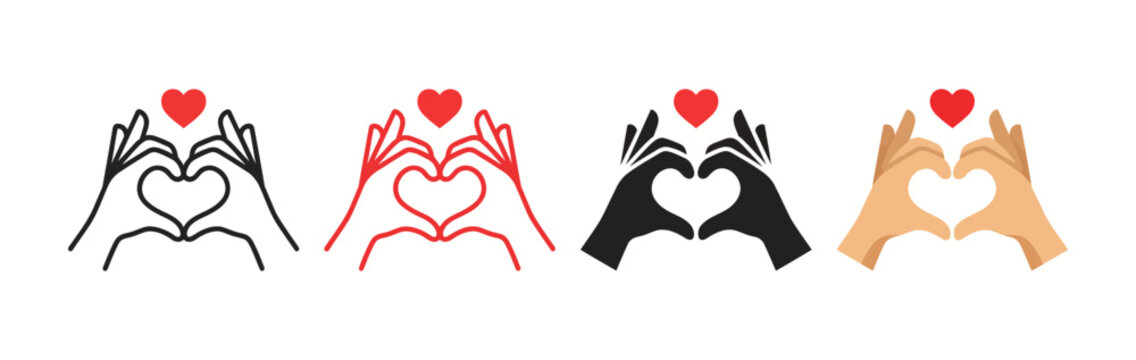 Four variations of hands forming a heart shape in different colors and styles