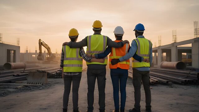 Diverse team of construction workers wearing high visibility safety vests and hard hats standing together at a large building site while watching the evening sunset light