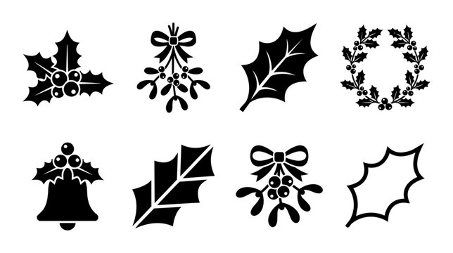 Black Christmas holly mistletoe bell wreath silhouette icon vector set for holiday winter festive design.