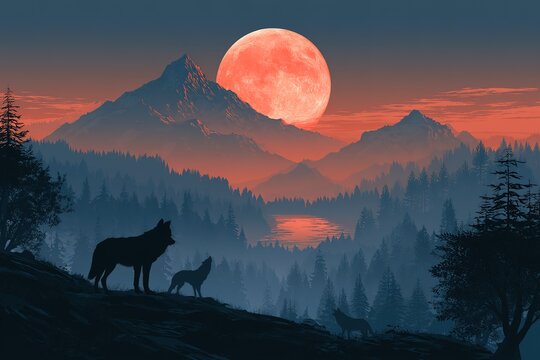 Majestic forest landscape at dusk with wolves silhouetted against a dramatic orange full moon and mountains.