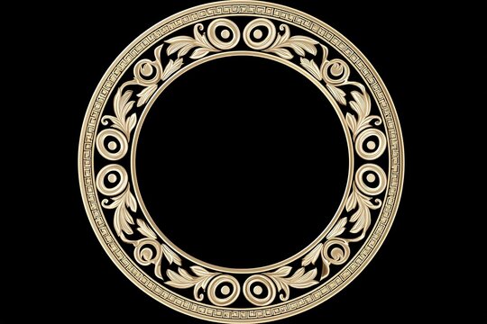 Elaborate golden round decorative frame featuring classical motifs like acanthus leaves and meander pattern, luxurious antique border, isolated on black background, high detail.