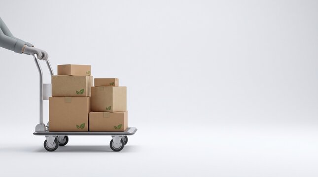 Minimalist cartoon hands pushing delivery dolly with string tied parcels