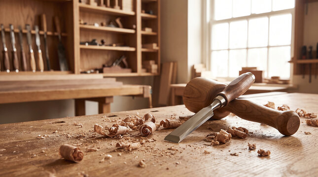 Classic-style carpentry workshop with a mallet and chisel, wooden beams, hand tools, planes, and wood shavings on the workbench.