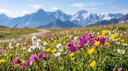 Fototapeta premium Wildflowers Blooming in Alpine Meadow with Snowy Mountains
