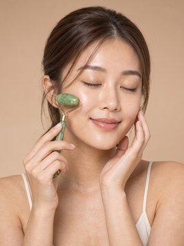 Young Asian woman rolling jade stone roller on cheekbone