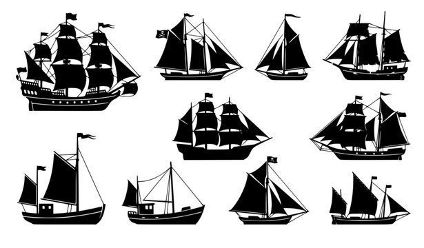 Pirate fleet old wooden sailing ships and boats black silhouette vector set